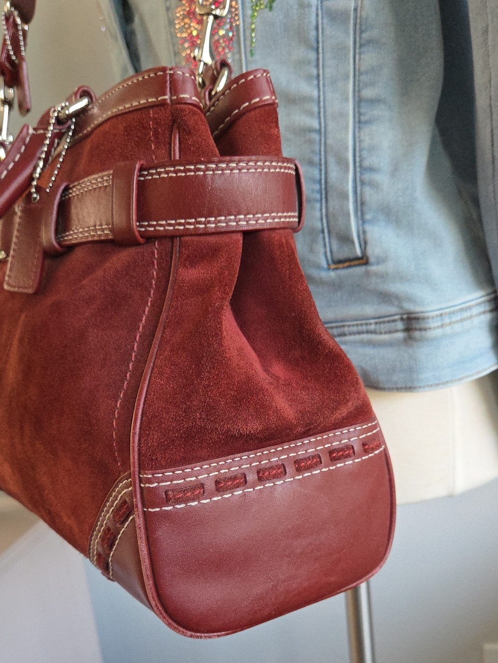COACH 2007 Burgundy Suede Hamptons Satchel Crossbody Bag w/Wristlet - Picture 8 of 16